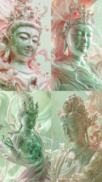 超精细的文殊菩萨半身像，表情安详，服饰飘逸，淡粉，淡绿色调，背景为琉璃液体材质半透明，强调质感，高清画质，超现实，光影强烈，3d效果，8k高清，不含成人内容