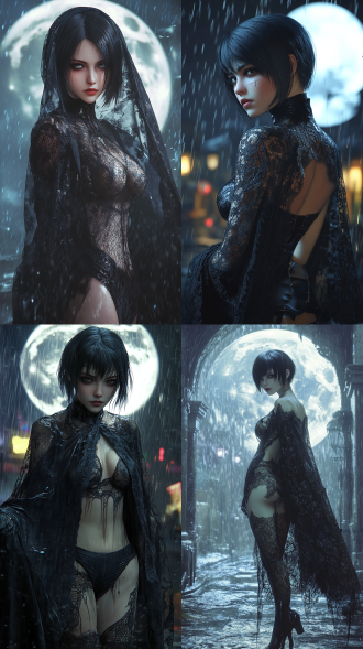 生成写实照片，一个短发刺客女孩穿着哥特风格的蕾丝紧身服饰，配上披着黑色薄纱，站在雨夜，背景有大月亮的夜晚，女孩身体和相貌超清晰明亮，幻想主义，写实主义，细节复杂，刻画清晰，8k
