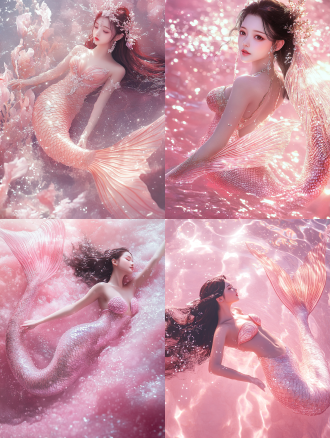 一个身材很好的美人鱼，有汉族人的面容，身上有晶莹剔透的鳞片，较大的尾巴上闪着晶莹的水珠，全身肖像，在粉红色的梦幻海域，全身仰视图，柔光灯，有冷艳的氛围，撞色风格，8k，超清细节，质感逼真