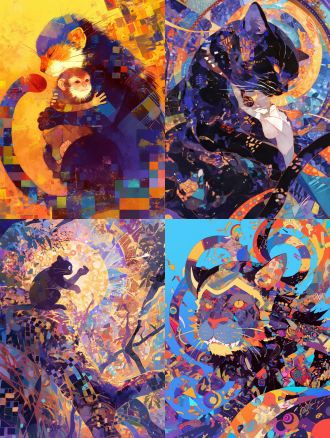 一只色彩斑斓的类似猫又类似猴子的生物，马赛克风格，抽象背景，长焦镜头，丰富的色彩，抽象构图，梦幻氛围，如梦似幻的情感