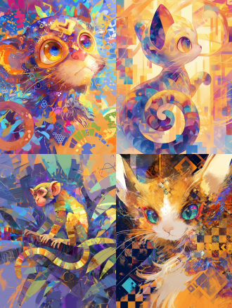 一只色彩斑斓的类似猫又类似猴子的生物，马赛克风格，抽象背景，长焦镜头，丰富的色彩，抽象构图，梦幻氛围，如梦似幻的情感