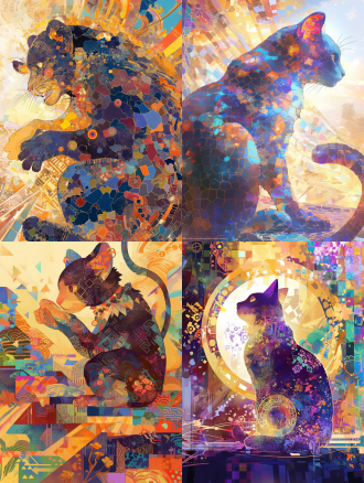 一只色彩斑斓的类似猫又类似猴子的生物，马赛克风格，抽象背景，长焦镜头，丰富的色彩，抽象构图，梦幻氛围，如梦似幻的情感