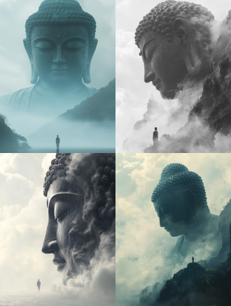 一张由云雾凝聚而成的巨型菩萨轮廓，长相温柔、祥和，五官、头发和云雾融为一体，低下头，眼睛往下看，俯视着下面非常渺小的男人，背景雾茫茫的海面，恐怖，梦幻，震撼，电影，超现实，电影级轮廓光勾勒曲线，超精细神话写实，8k分辨率