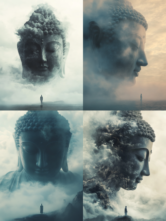 一张由云雾凝聚而成的巨型菩萨轮廓，长相温柔、祥和，五官、头发和云雾融为一体，低下头，眼睛往下看，俯视着下面非常渺小的男人，背景雾茫茫的海面，恐怖，梦幻，震撼，电影，超现实，电影级轮廓光勾勒曲线，超精细神话写实，8k分辨率