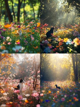 唯美实景照片，各种颜色的小花组成的花海，花丛中有一只猫，背景是幽深的森林，斑驳阳光透过树枝间隙照下来，花瓣上的通透感强烈，表面质感强烈，45度角俯视视图，8k，景深，唯美意境，精细质感，超清晰，治愈系。