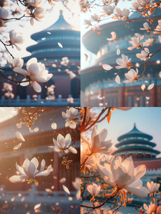 唯美实景照片，一朵白色玉兰花的特写镜头，有几瓣玉兰花瓣随风飘落，背景是中国的天坛，阳光充足，阳光洒在玉兰花上的通透感强烈，宫墙上有阳光折射玉兰花的影子，表面质感强烈，8k，长景深，唯美意境，精细质感，超清晰。