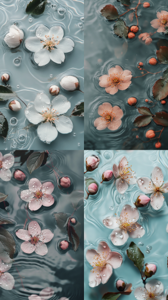 很多海棠花和海棠花的花蕾飘落水面，海棠花和海棠叶以及花蕾上有水珠，对角线构图，俯视视角，淡雅色调，阴天散射光，有水雾朦胧感，花瓣质感和通透感强烈，水波立体感强烈，电影色彩，微距镜头，静谧氛围，8k，超精细。