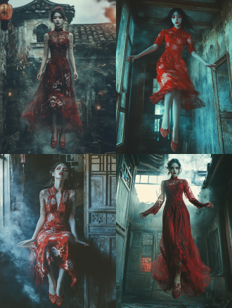 中式恐怖氛围全身肖像，脸色惨白、表情狰狞的女人，浓黑眼影，没有瞳孔只有眼白、穿着红色中式婚礼旗袍，脚穿红色绣花鞋，悬空，背景是荒废的中式老房子，深夜微光，8k,强质感，浓重恐怖氛围，浓雾