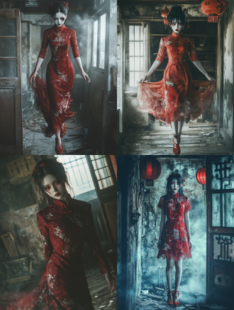 中式恐怖氛围全身肖像，脸色惨白、表情狰狞的女人，浓黑眼影，没有瞳孔只有眼白、穿着红色中式婚礼旗袍，脚穿红色绣花鞋，悬空，背景是荒废的中式老房子，深夜微光，8k,强质感，浓重恐怖氛围，浓雾