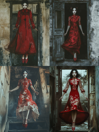 中式恐怖氛围全身肖像，脸色惨白、表情狰狞的女人，浓黑眼影，只有眼白、穿着红色中式婚礼旗袍，脚穿红色绣花鞋，悬空，背景是荒废的中式老房子，暗调阴郁，深夜微光，8k,强质感，浓重恐怖氛围，浓雾