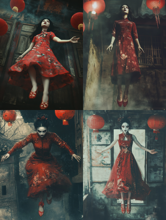 中式恐怖氛围全身肖像，脸色惨白、表情狰狞的女人，浓黑眼影，只有眼白、穿着红色中式婚礼旗袍，脚穿红色绣花鞋，悬空，背景是荒废的中式老房子、红灯笼、黑暗氛围，暗调阴郁，深夜微光，8k,强质感，浓重恐怖氛围，浓雾，注意手部细节