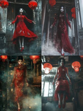 中式恐怖氛围全身肖像，脸色惨白、表情狰狞的女人，浓黑眼影，只有眼白、穿着红色中式婚礼旗袍，脚穿红色绣花鞋，悬空，背景是荒废的中式老房子、红灯笼、黑暗氛围，暗调阴郁，深夜微光，8k,强质感，浓重恐怖氛围，浓雾，注意手部细节和脚步细节