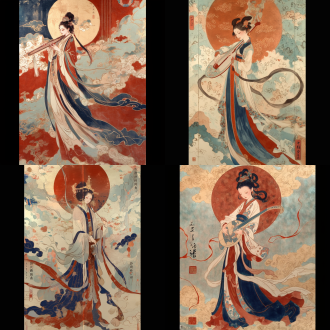 敦煌艺术风格壁画，天野喜孝与吴道子合作，敦煌飞天形象，臂钏，长裙束腰，双手优雅弹奏古筝，细腻笔触，柔和流畅，中国红与靛蓝，金色箔纸绘吉祥云纹背景，低角度拍摄，超广角，长焦镜头，高光，柔和光线，动作优雅，色彩鲜明，情感宁静。