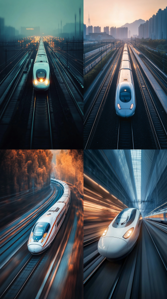 高铁和谐号飞驰，三分法构图，动感模糊，户外原野，冷色调，长焦镜头，逆光，高速行驶，震撼。