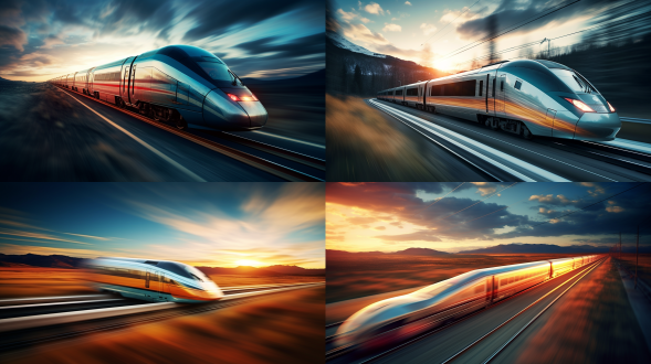 高铁和谐号飞驰，三分法构图，动感模糊，旷野中，冷色调，长焦镜头，逆光，高速行驶，科技感，震撼。