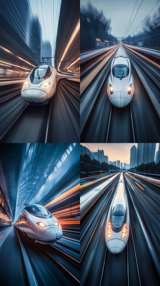 高铁和谐号飞驰，三分法构图，动感模糊，户外原野，冷色调，长焦镜头，逆光，高速行驶，震撼。