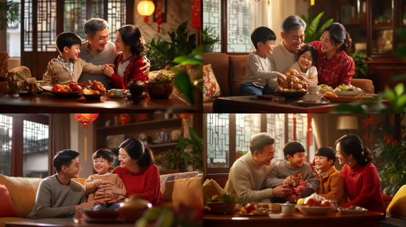 欢乐中国家庭，居中构图，温馨客厅，暖黄调，标准镜头，逆光，拥抱，笑容，亚洲人脸孔，幸福。