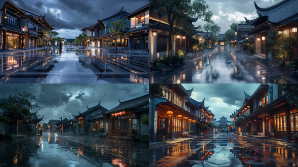 (street: 1.2), street view, (commercial street: 1.5), chinese style, huizhou style, chinese style architecture, huizhou style architecture flying eaves, upturned feet, glass windows, floor to ceiling glass, indoor lighting, feeling after rain, reflection evening, dark clouds, 8k image quality, top-notch quality, high-quality texture
