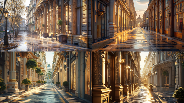 街道,街景,(商业街:1.2),法式风格,法式建筑,(法式建筑:1.3),罗马柱,装饰浮雕,玻璃窗, 落地玻璃,内透灯光,晴朗清晨的感觉,反光,清晨,霞光,(人视角度:1.2)，8k画质,顶级质量,高级的质感