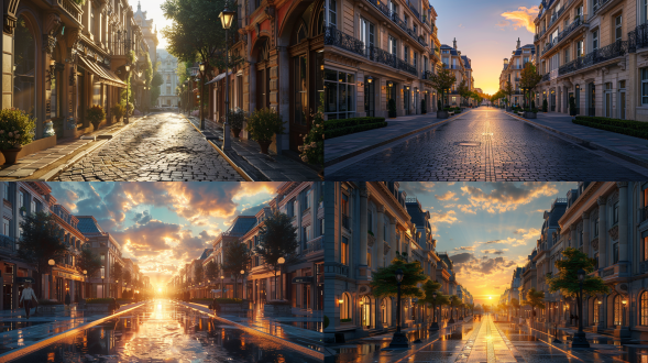 整齐规划的建筑和街道,住宅小区，街景,(商业街:1.2),法式风格,法式建筑,(法式建筑:1.3),罗马柱,装饰浮雕,玻璃窗, 落地玻璃,内透灯光,对称的景观元素，晴朗清晨的感觉,反光,清晨,霞光,(人视角度:1.2)，街道少许行人，8k画质,顶级质量,高级的质感