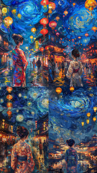 beautiful girl in traditional chinese hanfu, standing in a glowing, bustling chang'an city at night, illuminated by lanterns and city lights, swirling vibrant sky with stars, van gogh style, swirling patterns in the sky, impasto texture, bold brush strokes, dramatic and emotional atmosphere, post-impressionist, blending traditional chinese culture with impressionistic night scene, glowing warm lights, traditional architecture with swirling stars above, rich blues and yellows in the sky, dynamic, dreamlike atmosphere