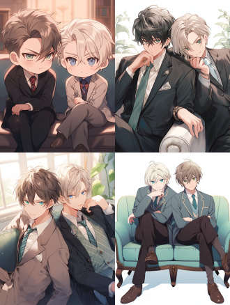 两个20岁男人，完美脸蛋，q版小人，一个是蓝色飘逸的短发，蓝色的眼睛，穿着西装，略高大，另一个白色短头发，深绿色的眼睛，穿着校服，完美身材，正面视角，坐在沙发上，背景是客厅，超高画质，超高分辨率，高精度