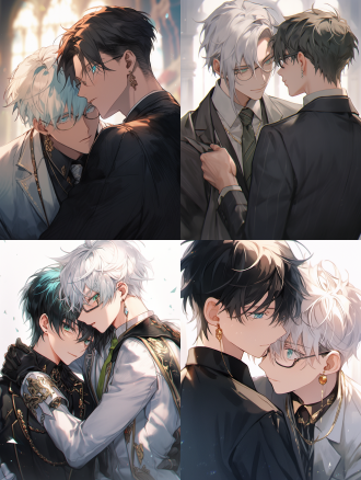 一个14岁帅气少年，穿着白色衬衫，白色短发，绿色眼睛，脸颊红润，一个28岁帅气男人怀里，蓝色短发，黑色大衣，金丝眼镜，深情对视，动漫风格 ，完美的构图，高质量的细节,模糊，明暗对照，8k分辨率