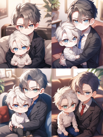 一个14岁帅气少年，穿着白色衬衫，白色短发，绿色眼睛，脸颊红润，一个28岁帅气男人怀里，蓝色短发，蓝色眼睛，黑色大衣，正面视角，坐在沙发上，背景是客厅，q版小人，玉米，，v动漫风格 ，完美的构图，高质量的细节,模糊，明暗对照，8k分辨率