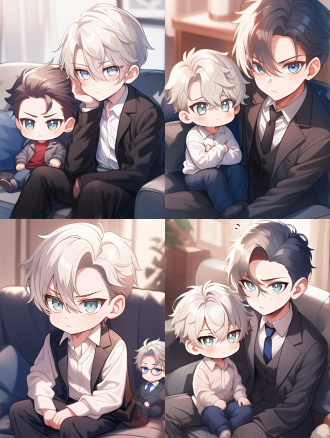 一个14岁帅气少年，穿着白色衬衫，白色短发，绿色眼睛，脸颊红润，一个28岁帅气男人，蓝色短发，蓝色眼睛，黑色大衣，正面视角，坐在沙发上，背景是客厅，q版小人，动漫风格 ，完美的构图，高质量的细节,模糊，明暗对照，8k分辨率