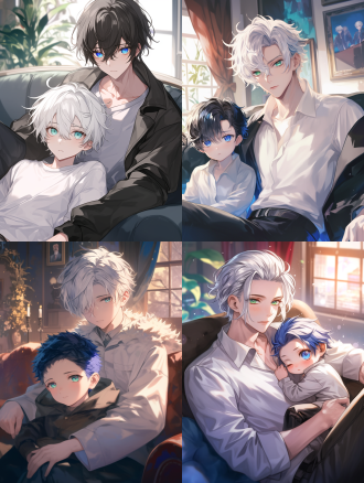 一个18岁帅气少年，穿着白色衬衫，白色短发，绿色眼睛，脸颊红润，一个28岁帅气男人，蓝色短发，蓝色眼睛，黑色大衣，正面视角，坐在沙发上，背景是客厅，q版小人，动漫风格 ，完美的构图，高质量的细节,模糊，明暗对照，8k分辨率