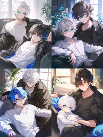 一个18岁帅气少年，穿着白色衬衫，白色短发，绿色眼睛，脸颊红润，一个28岁帅气男人，蓝色短发，蓝色眼睛，黑色大衣，正面视角，坐在沙发上，背景是客厅，q版小人，动漫风格 ，完美的构图，高质量的细节,模糊，明暗对照，8k分辨率