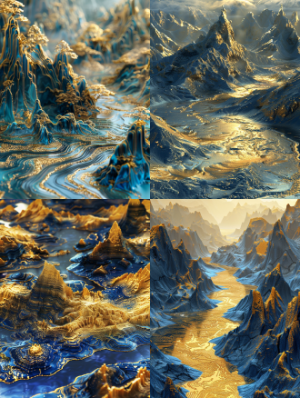 蓝金山水，细节丰富，广角镜头，流体摄影，传统风格，壮丽景色，电路板效果，发光，中国风，千山万水，3d插图，蓝金配色，壮丽，雄伟，丰富色彩。