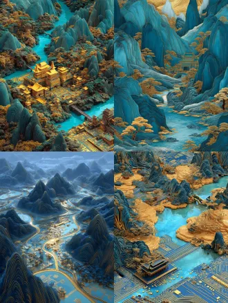 蓝金山水，细节丰富，广角镜头，流体摄影，传统风格，壮丽景色，电路板效果，发光，中国风，千山万水，3d插图，蓝金配色，壮丽，雄伟，丰富色彩。