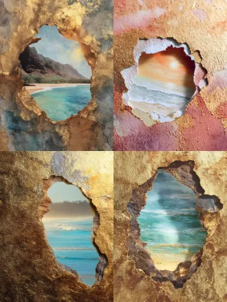 一幅超高清的特写画面：在一整副极度炫彩的金箔岩彩勾线水墨山水画背景里，有一条不规则手撕的洞，放在画面的上一半。洞里面是写实摄影风格的夏威夷海滩的风景，柔和的打光，有着淡淡的光泽。辉光