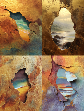 一幅超高清的特写画面：在一整副极度炫彩的金箔岩彩勾线水墨山水画背景里，有一条不规则手撕的洞，放在画面的上一半。洞里面是写实摄影风格的夏威夷海滩的风景，柔和的打光，有着淡淡的光泽。辉光，