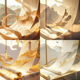 毛毡卷轴漂浮，古代诗人站立，山水画背景，山脉起伏，丝绸质感，宏观视角，高清超现实，长波纹理，清新典雅，白色金色调，宏观透视，传统中国风，古老文字，别致材质，空中悬浮，文化传承。