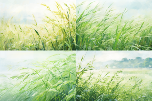 高粱地微风，水彩画风格，细腻细节，高清，自然环境，长焦镜头，柔和光线，动态模糊，绿色调，宁静。