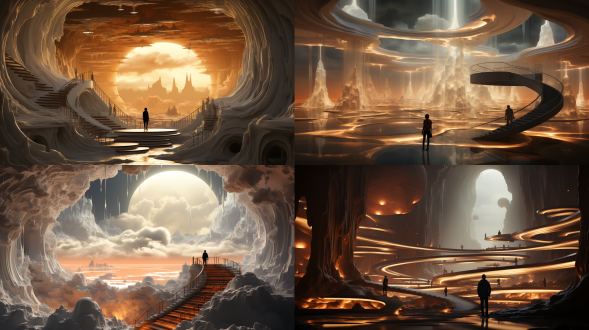 白色结构被湿云覆盖，螺旋组布局，形而上学内饰，浅灰浅琥珀色调，超写实渲染，侧光，宁静氛围，marko manev风格。