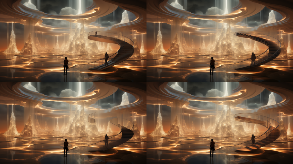 白色结构被湿云覆盖，螺旋组布局，形而上学内饰，浅灰浅琥珀色调，超写实渲染，侧光，宁静氛围，marko manev风格。