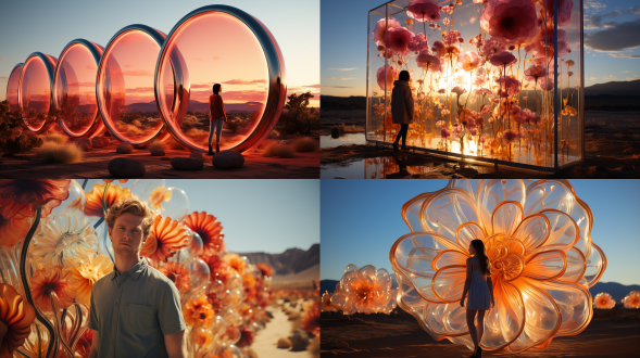 安格斯·麦基男子站在户外大型装置中，超现实雕塑艺术，霓虹复古，透明介质风格，沙漠门框，海洋花朵，8k超高清，侧光，平静。