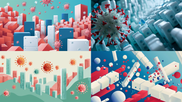 一个医学研究的主视觉，研究验证了这个药具有阻断传播效果，治疗患者的同时，阻断了传染源，保护了接触者，具有双向保护作用，主体用长城或者多米诺骨牌，画面体现阻断病毒，守护人群，抵御流感，需要有力量感的设计