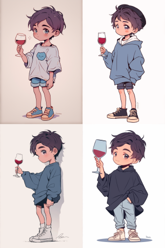 男孩手持红酒杯，站立，补丁衣，炫彩装，帆布鞋，大头小身，纯白背景，卡通风格，手部细节，简洁构图，高饱和色彩，夸张比例，平面视角，柔和光线，静态动作，童趣表情，创意摄影。