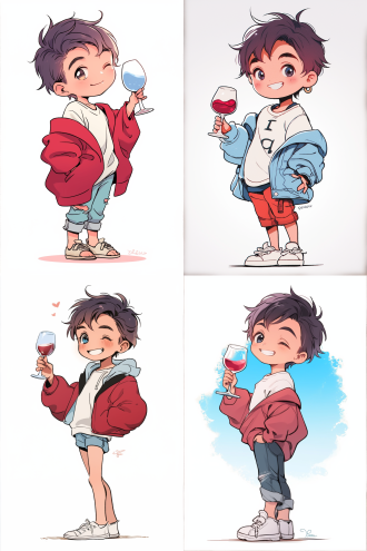 男孩手持红酒杯，站立，补丁衣，微笑，彩色装，帆布鞋，大头小身，纯白背景，卡通风，手部细节，简洁构图，高饱和度，明亮光线，广角镜头，正面光，静态，欢乐。