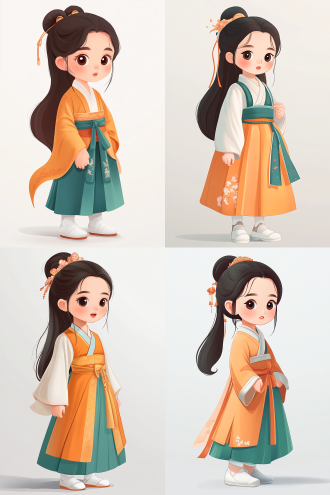 拽表情女孩，严肃，中国古风服装，白色鞋子，纯白背景，q版漫画，卡通漫画风格，简洁构图，高饱和度，平面化，夸张表情，明亮光线，静态，自信，纯净色彩，幽默感。