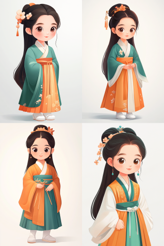 拽表情女孩，严肃，中国古风服装，白色鞋子，纯白背景，q版漫画，卡通漫画风格，简洁构图，高饱和度，平面化，夸张表情，明亮光线，细节简化，色彩鲜艳，自信姿态。