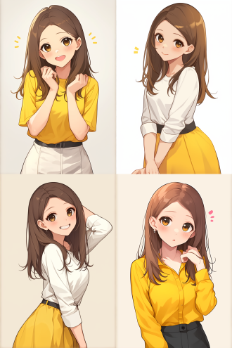 长发女孩，可爱姿态，动态捕捉，纯白背景，q版漫画，卡通漫画风格，平面化，高饱和色彩，夸张表情，轻盈动作，明亮光线，简洁构图，童趣氛围。