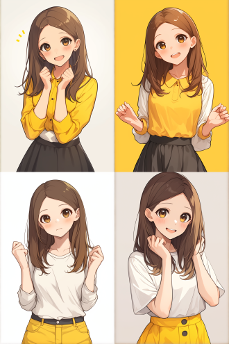 长发女孩，可爱姿态，动态捕捉，纯白背景，q版漫画，卡通漫画风格，平面化，高饱和色彩，夸张表情，简洁线条，正面光，静态动作，欢快氛围。