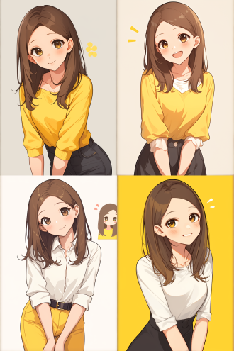 长发女孩，q版漫画，卡通漫画风格，平面化，纯白背景，动态捕捉，多姿势，大眼睛，微笑，夸张动作，高饱和色彩，简洁线条，明亮光线，活力四射。