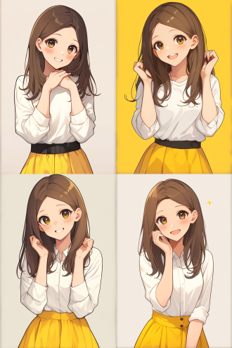 长发女孩，可爱姿态，动态捕捉，纯白背景，q版漫画，卡通漫画风格，平面化，高饱和色彩，夸张表情，简洁线条，正面光，静态动作，欢快氛围。