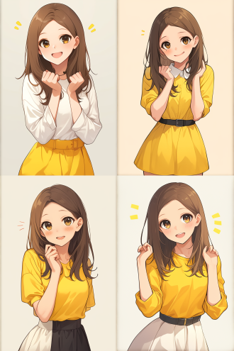 长发女孩，可爱姿态，动态捕捉，纯白背景，q版漫画，卡通漫画风格，平面化，高饱和色彩，夸张表情，轻盈动作，明亮光线，简洁构图，童趣氛围。